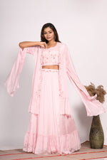 Thumbnail for Morchari Crop Top With Long Jacket With Hand Embroidery - Pink - Distacart