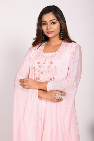 Morchari Crop Top With Long Jacket With Hand Embroidery - Pink - Distacart