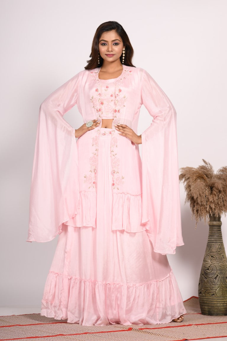 Morchari Crop Top With Long Jacket With Hand Embroidery - Pink - Distacart