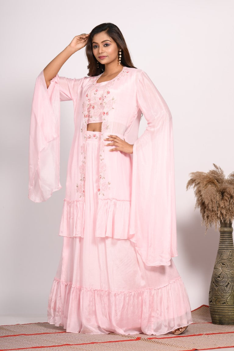 Morchari Crop Top With Long Jacket With Hand Embroidery - Pink - Distacart