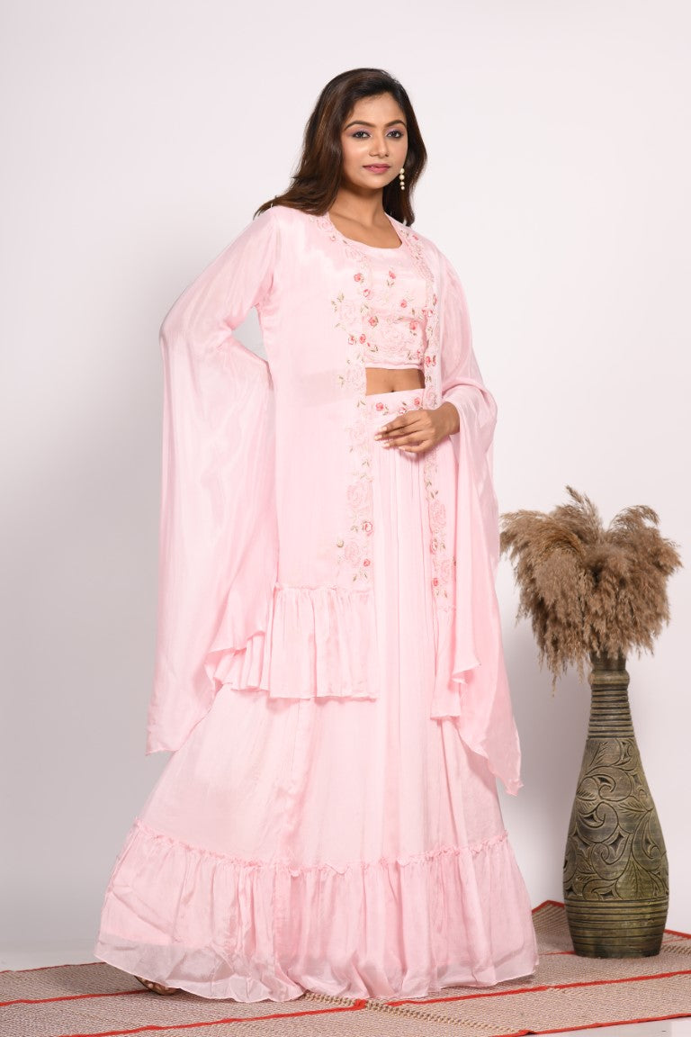 Morchari Crop Top With Long Jacket With Hand Embroidery - Pink - Distacart