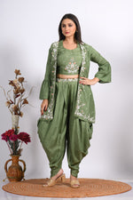 Thumbnail for Morchari Crop Top With Jacket With Hand Embroidery - Green - Distacart