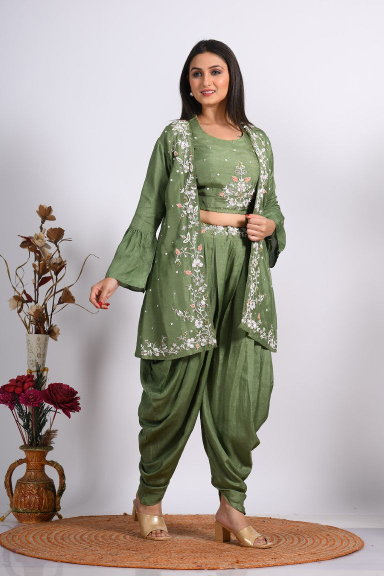 Morchari Crop Top With Jacket With Hand Embroidery - Green - Distacart
