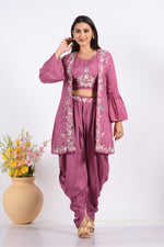 Thumbnail for Morchari Crop Top With Jacket With Hand Embroidery - Purple - Distacart