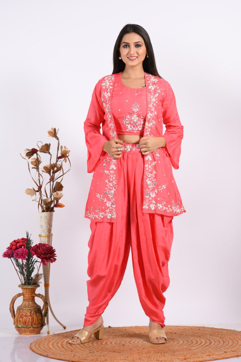 Morchari Crop Top With Jacket With Hand Embroidery - Pink - Distacart