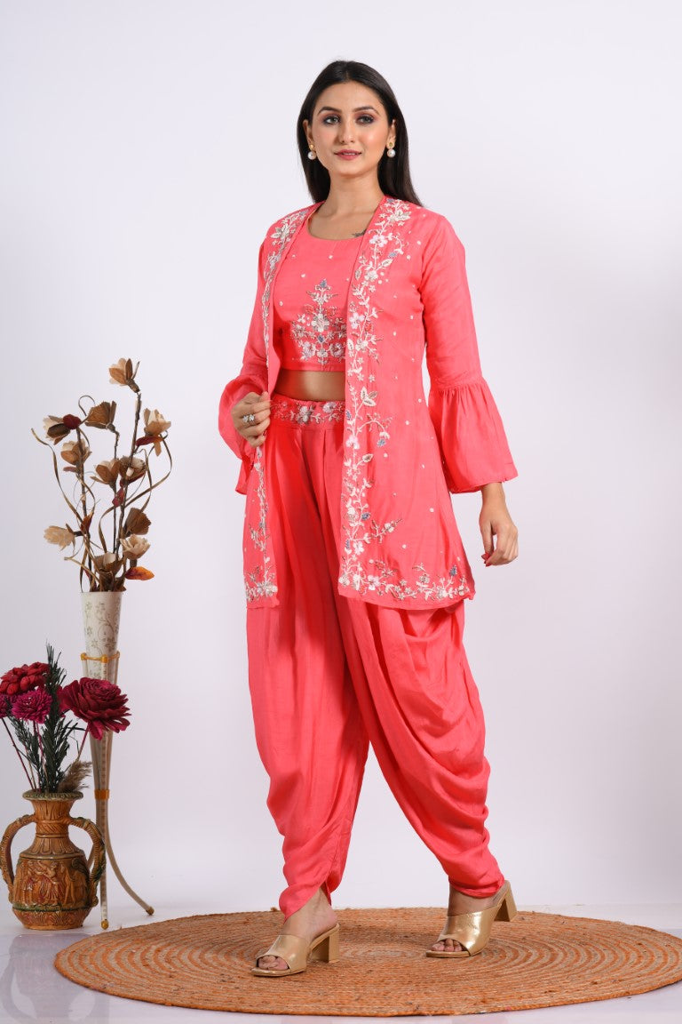 Morchari Crop Top With Jacket With Hand Embroidery - Pink - Distacart