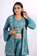 Thumbnail for Morchari Crop Top With Jacket With Hand Embroidery - Blue - Distacart