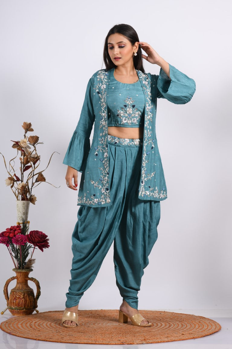 Morchari Crop Top With Jacket With Hand Embroidery - Blue - Distacart