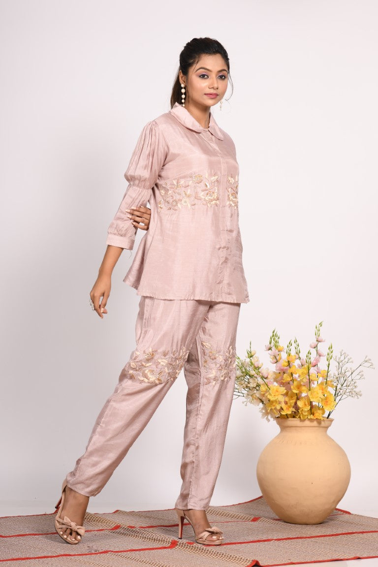 Morchari Co Ord Set With Hand Embroidery - Cream - Distacart