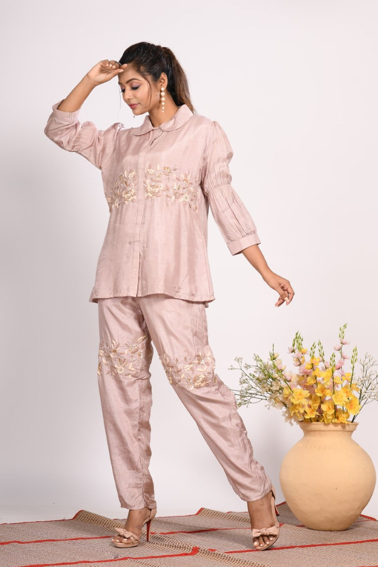 Morchari Co Ord Set With Hand Embroidery - Cream - Distacart