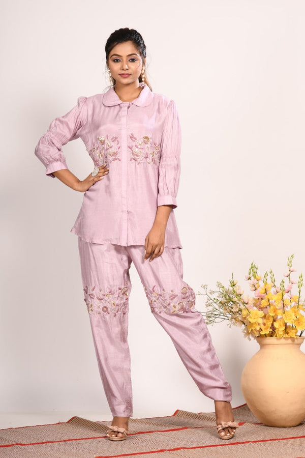 Morchari Co Ord Set With Hand Embroidery - Purple - Distacart