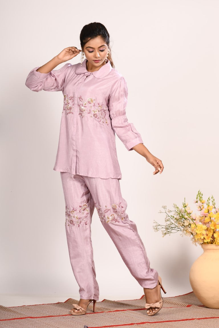 Morchari Co Ord Set With Hand Embroidery - Purple - Distacart