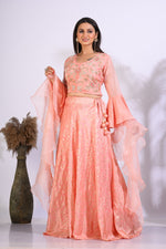Thumbnail for Morchari Crop Top With Hand Embroidery With Frill Dupatta - Peach - Distacart