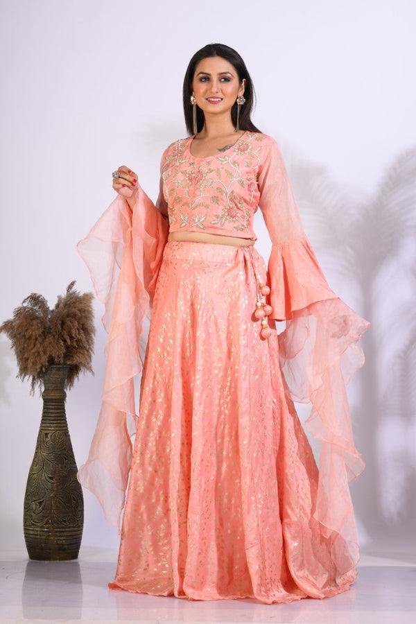 Morchari Crop Top With Hand Embroidery With Frill Dupatta - Peach - Distacart