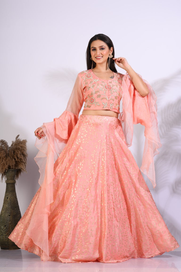 Morchari Crop Top With Hand Embroidery With Frill Dupatta - Peach - Distacart
