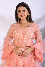 Thumbnail for Morchari Crop Top With Hand Embroidery With Frill Dupatta - Peach - Distacart
