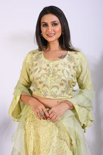 Thumbnail for Morchari Crop Top With Hand Embroidery With Frill Dupatta - Fluorescent Green - Distacart