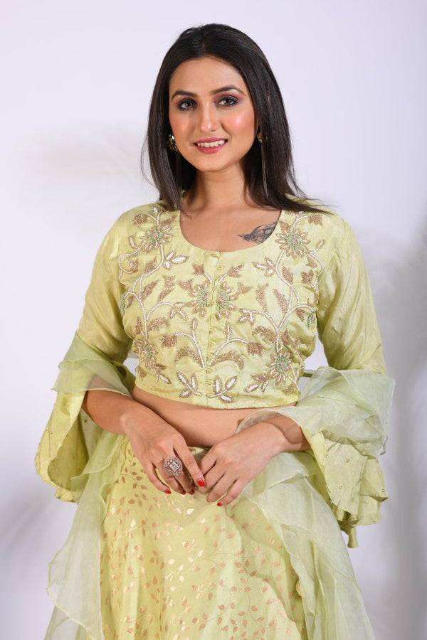 Morchari Crop Top With Hand Embroidery With Frill Dupatta - Fluorescent Green - Distacart