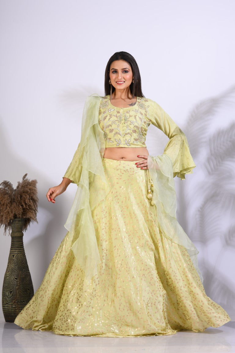 Morchari Crop Top With Hand Embroidery With Frill Dupatta - Fluorescent Green - Distacart