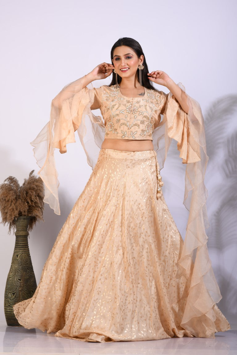 Morchari Crop Top With Hand Embroidery With Frill Dupatta - Yellow - Distacart