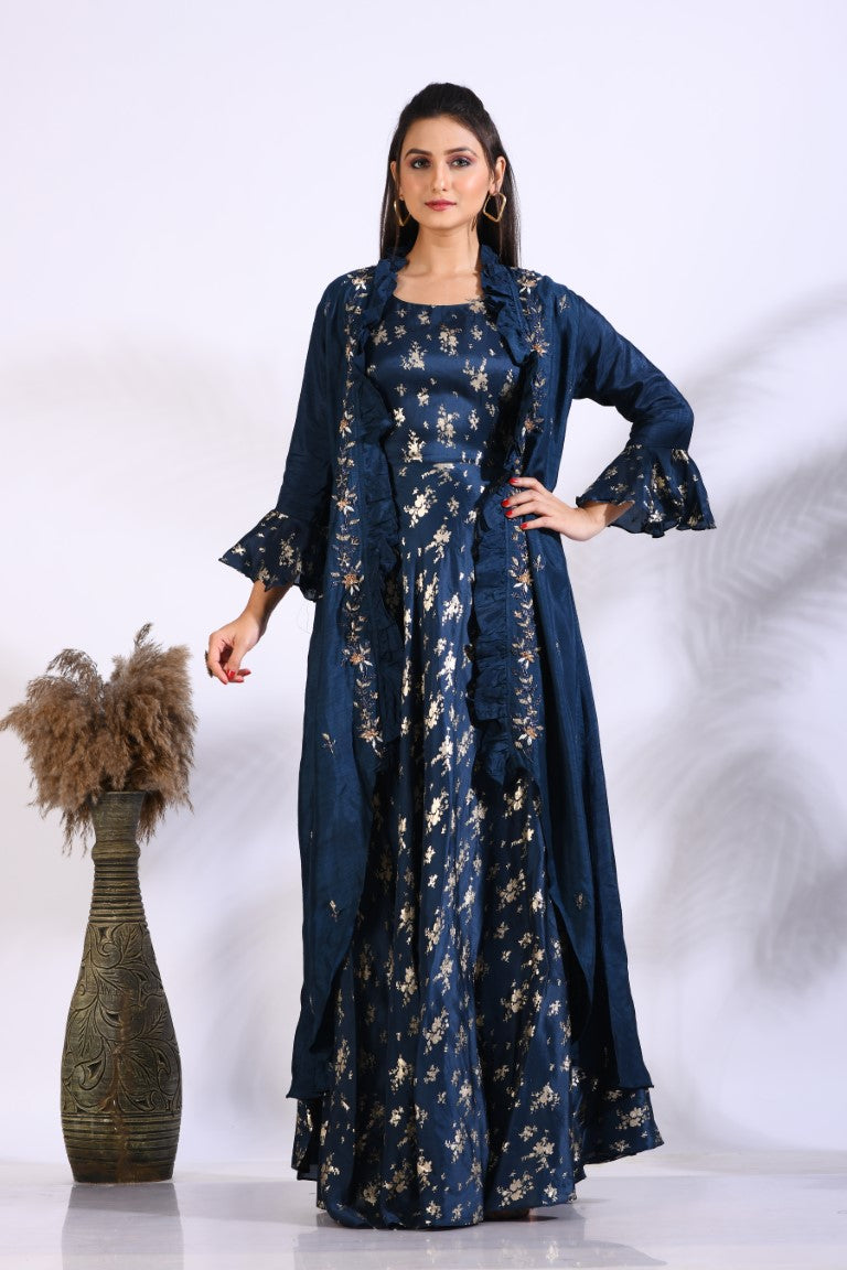 Morchari Long Gown With Jacket With Hand Embroidery - Blue - Distacart