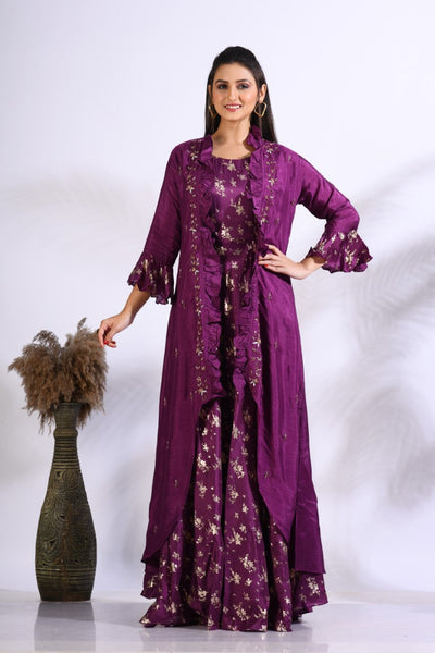Morchari Long Gown With Jacket With Hand Embroidery - Purple - Distacart