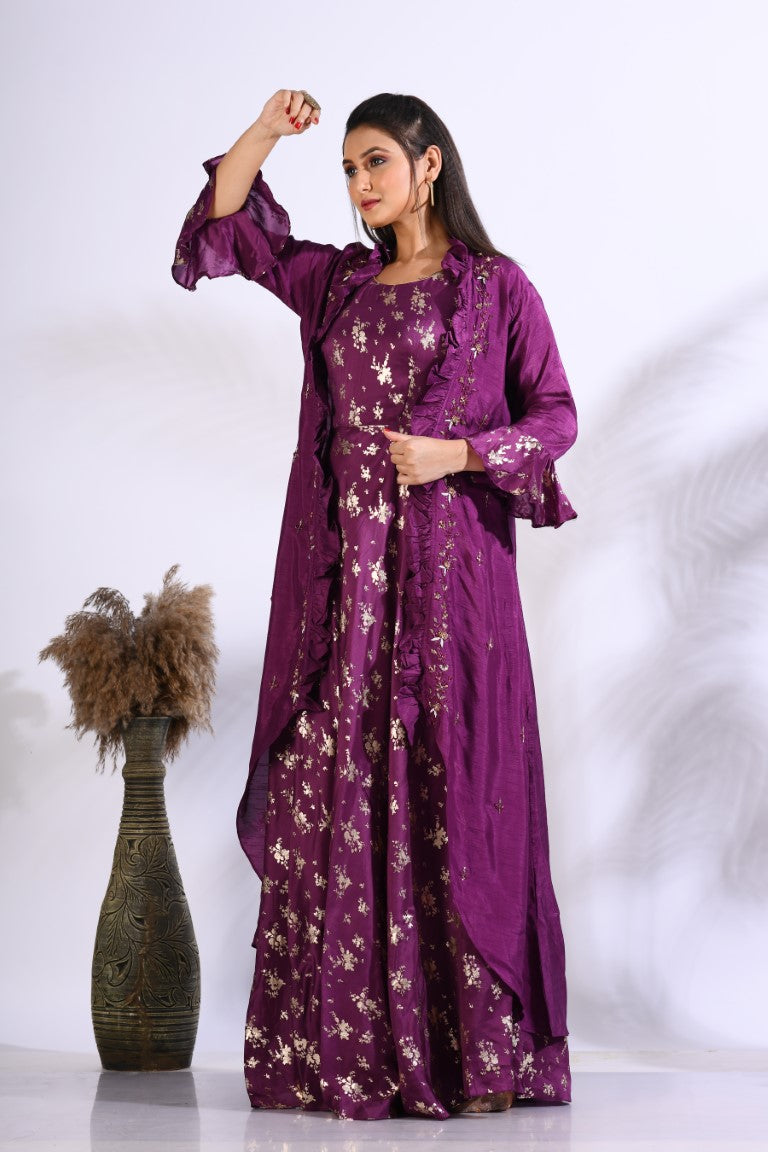 Morchari Long Gown With Jacket With Hand Embroidery - Purple - Distacart