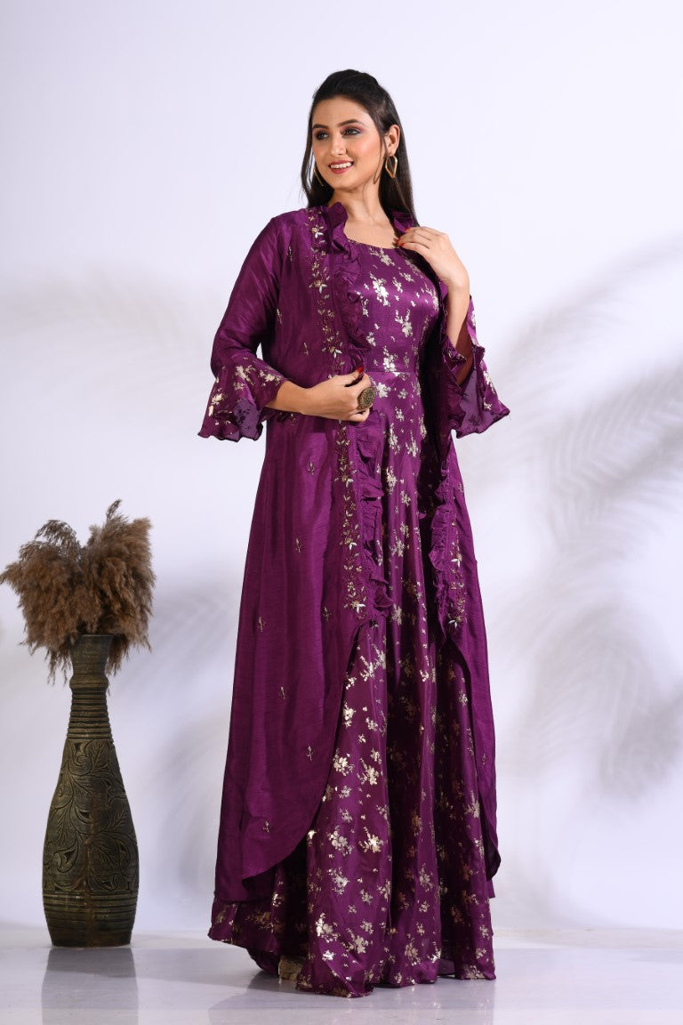 Morchari Long Gown With Jacket With Hand Embroidery - Purple - Distacart