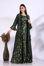 Thumbnail for Morchari Long Gown With Jacket With Hand Embroidery - Green - Distacart