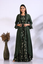 Thumbnail for Morchari Long Gown With Jacket With Hand Embroidery - Green - Distacart