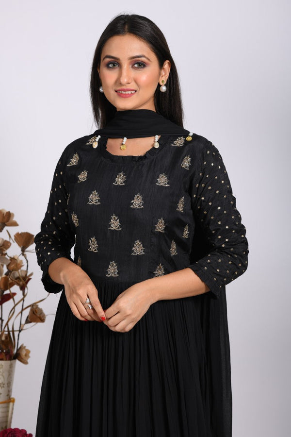 Morchari Long Gown With Dupatta & Hand Embroidery - Black - Distacart