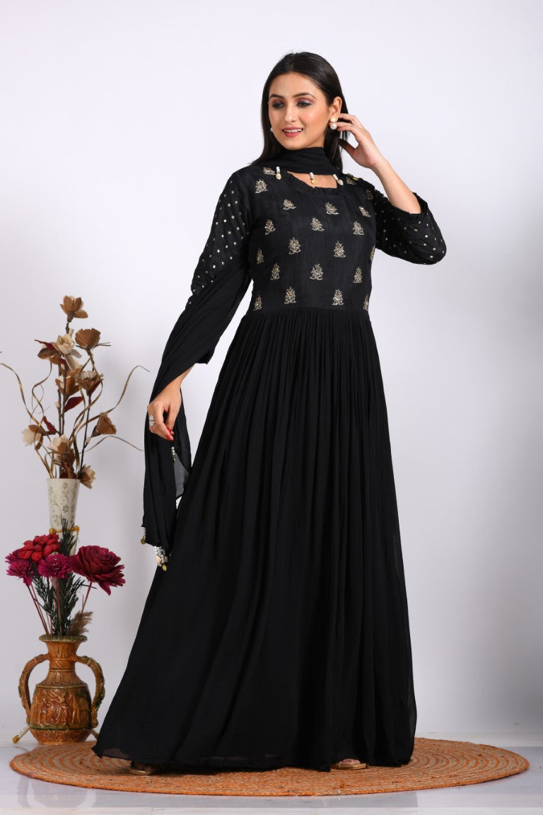 Morchari Long Gown With Dupatta & Hand Embroidery - Black - Distacart