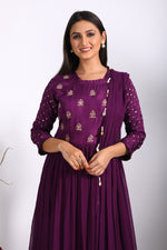 Thumbnail for Morchari Long Gown With Dupatta & Hand Embroidery - Purple - Distacart