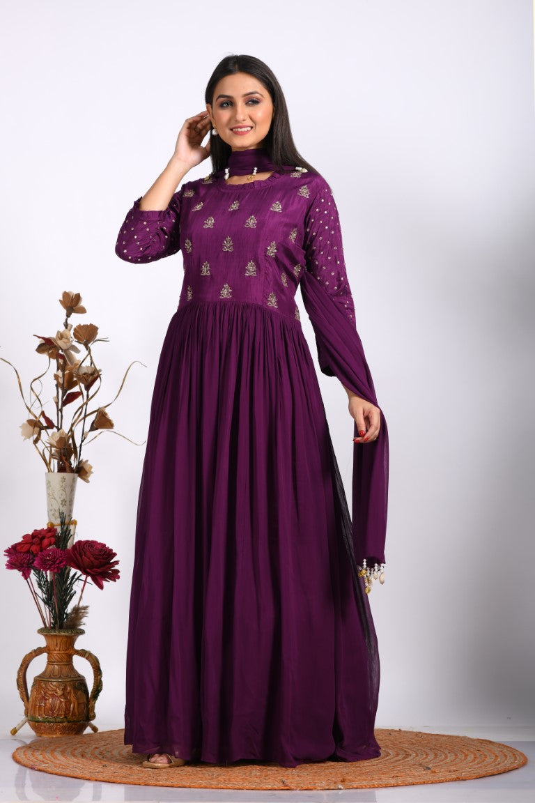 Morchari Long Gown With Dupatta & Hand Embroidery - Purple - Distacart