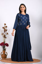 Thumbnail for Morchari Long Gown With Dupatta & Hand Embroidery - Blue - Distacart