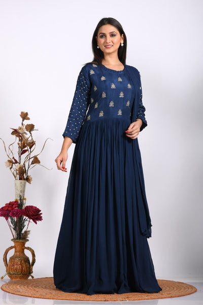 Morchari Long Gown With Dupatta & Hand Embroidery - Blue - Distacart
