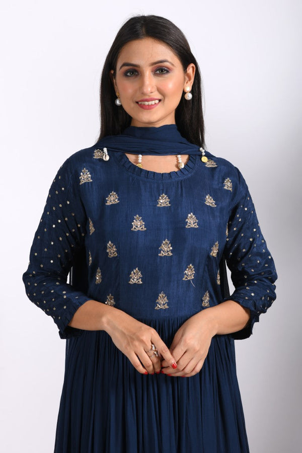 Morchari Long Gown With Dupatta & Hand Embroidery - Blue - Distacart