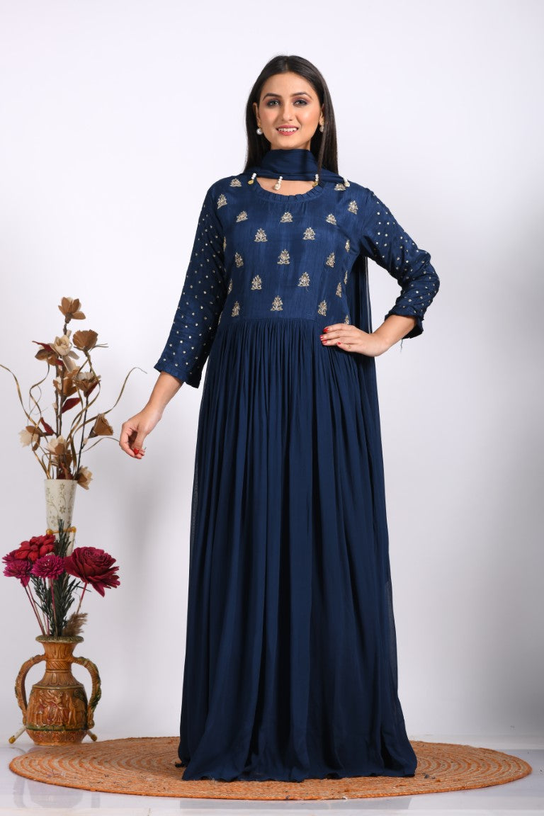 Morchari Long Gown With Dupatta & Hand Embroidery - Blue - Distacart