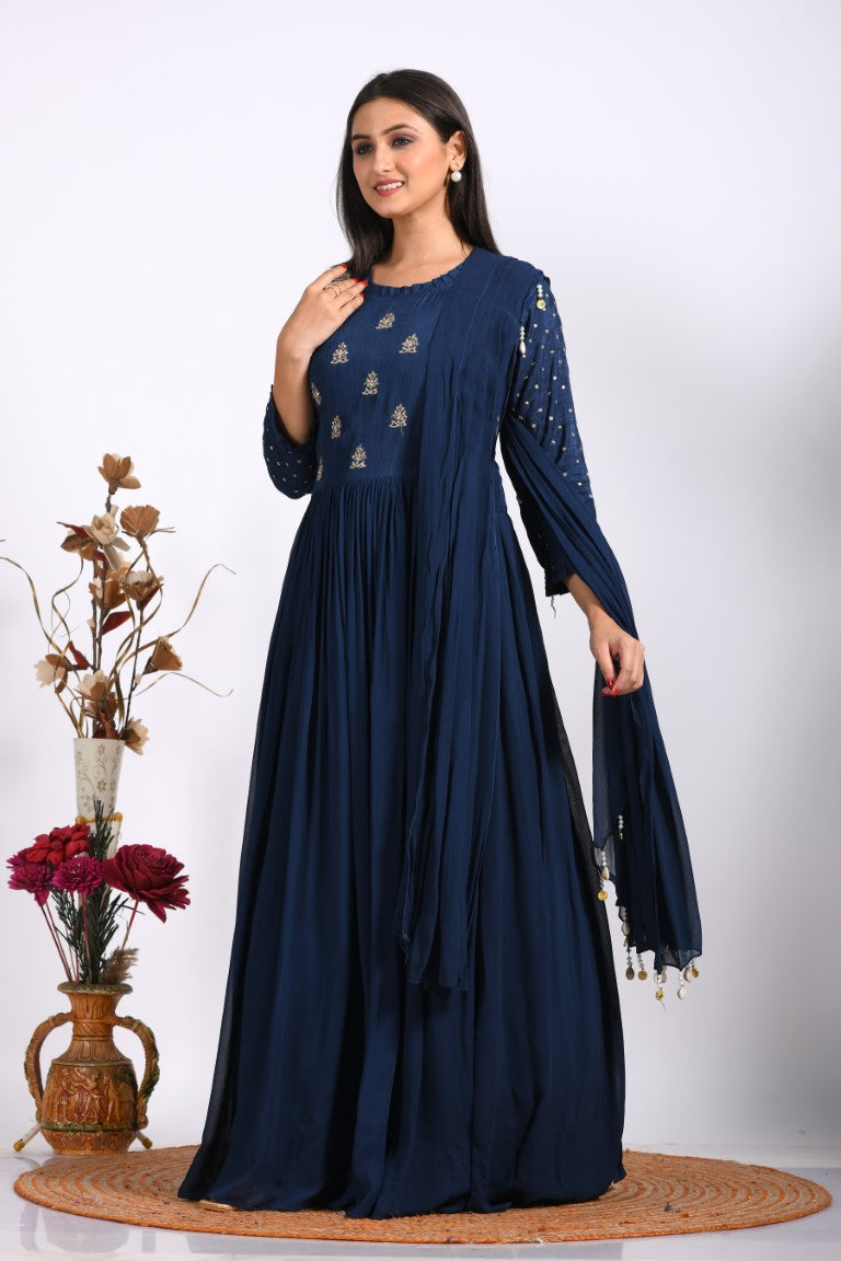 Morchari Long Gown With Dupatta & Hand Embroidery - Blue - Distacart