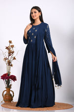 Thumbnail for Morchari Long Gown With Dupatta & Hand Embroidery - Blue - Distacart