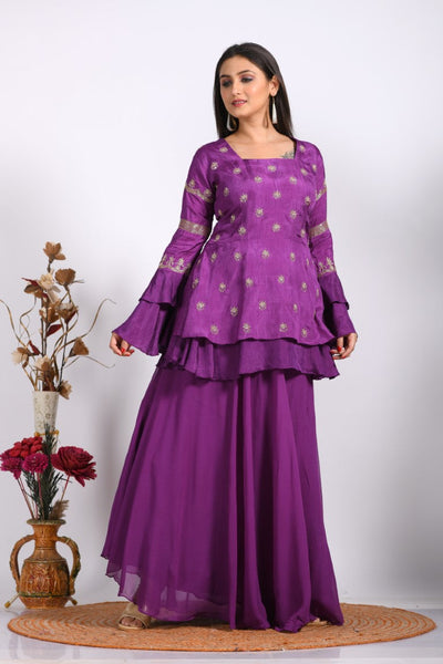 Morchari Long Jacket With Skirt & Hand Embroidery - Purple - Distacart