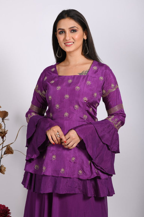 Morchari Long Jacket With Skirt & Hand Embroidery - Purple - Distacart