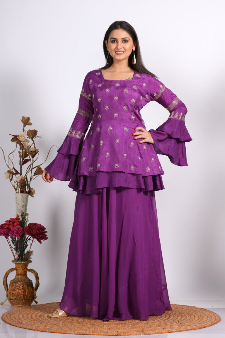 Morchari Long Jacket With Skirt & Hand Embroidery - Purple - Distacart
