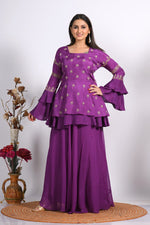 Thumbnail for Morchari Long Jacket With Skirt & Hand Embroidery - Purple - Distacart