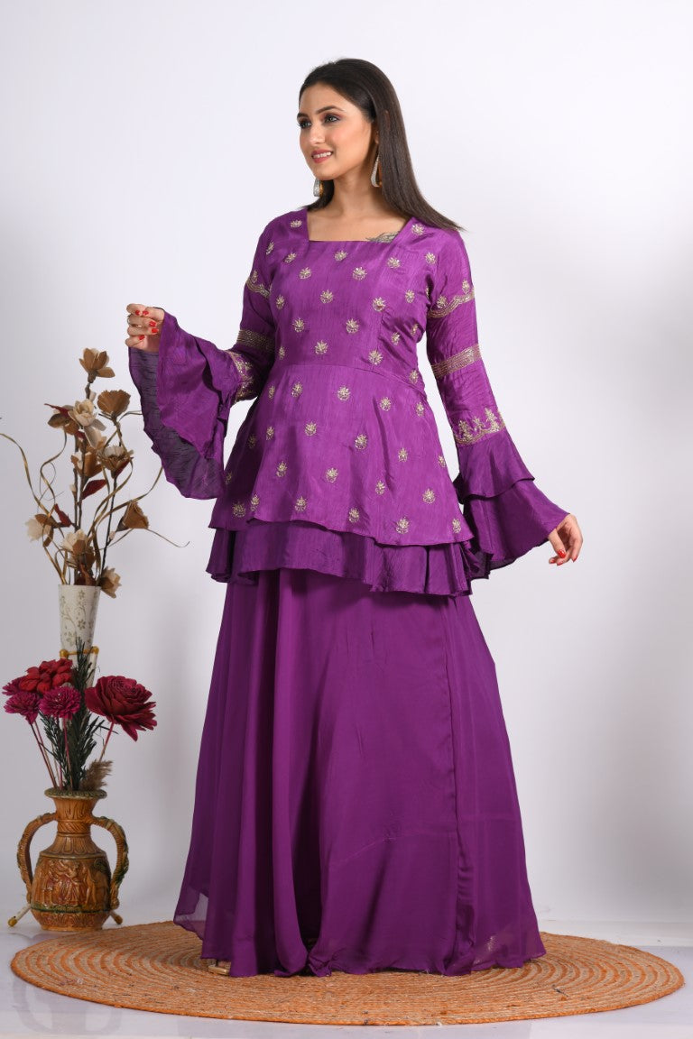 Morchari Long Jacket With Skirt & Hand Embroidery - Purple - Distacart