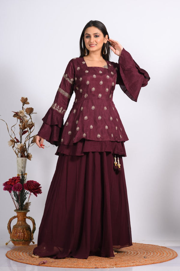 Morchari Long Jacket With Skirt & Hand Embroidery - Maroon - Distacart
