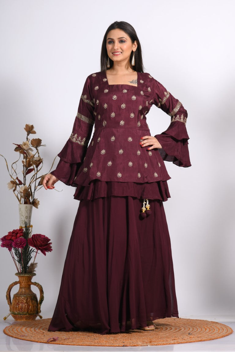 Morchari Long Jacket With Skirt & Hand Embroidery - Maroon - Distacart