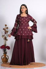 Thumbnail for Morchari Long Jacket With Skirt & Hand Embroidery - Maroon - Distacart