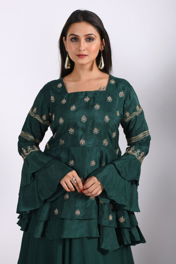 Morchari Long Jacket With Skirt & Hand Embroidery - Green - Distacart