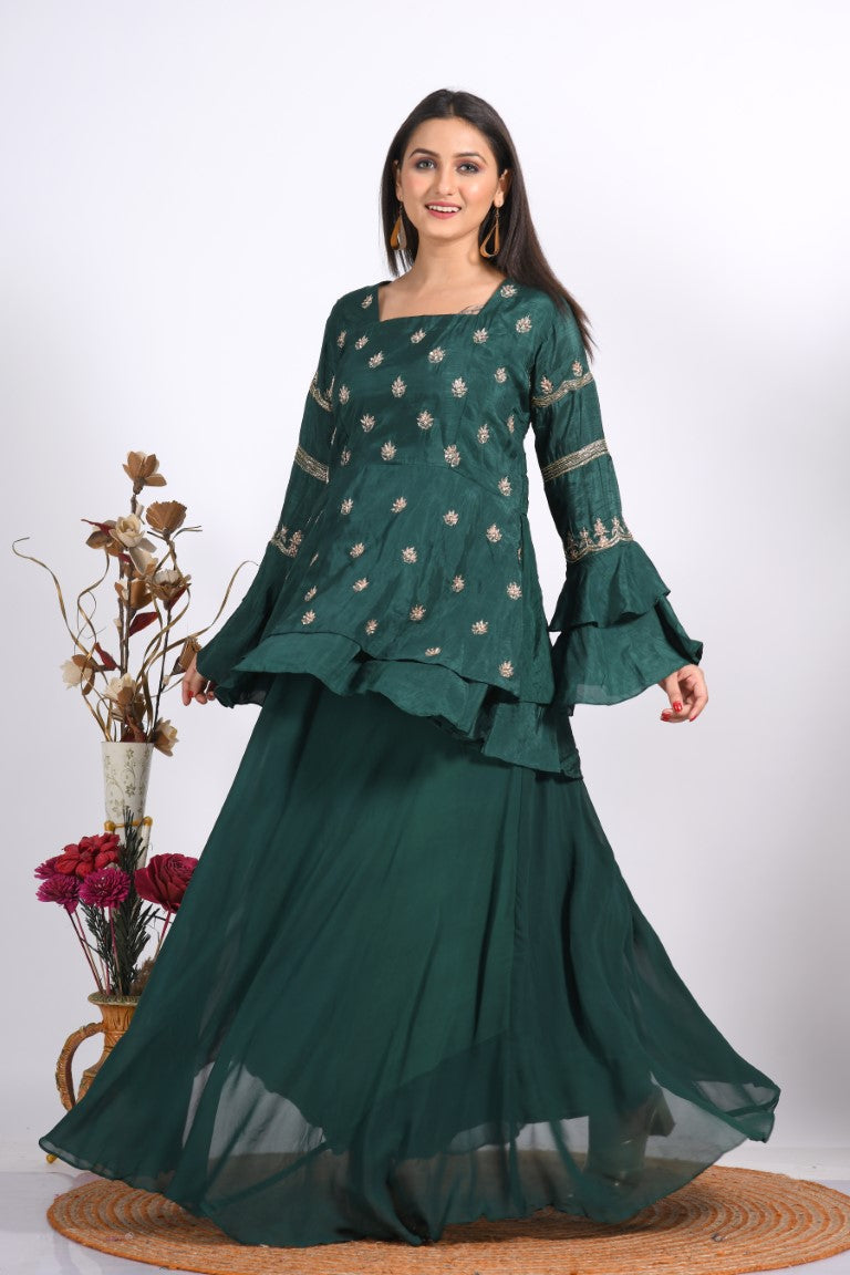 Morchari Long Jacket With Skirt & Hand Embroidery - Green - Distacart